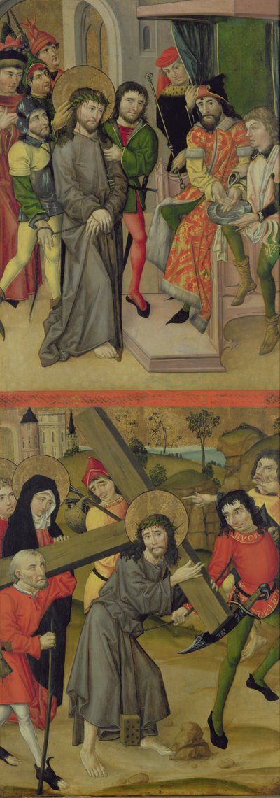 Christus vor Pilatus und Christus trägt das Kreuz, Tafel von einem Altarbild, das Szenen der Passion und Heilige darstellt, 1490 (Detail) von Master of the Luneburg Footwashers